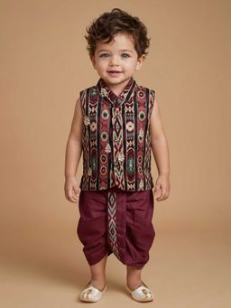 ETHNIKS NEURON - Boys Printed Pure Cotton Ethnic Waistcoat With Dhoti Pants Set