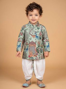 ETHNIKS NEURON - Boys Green Mandarin Collar Kurta Set with Dhoti Pants