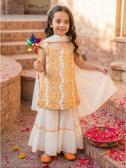 Autumnlane - White and Yellow Lava Schiffli Kids Cotton Suit Set