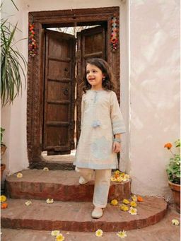 Autumnlane - Off White Pearl Embroidery Kids Kurta Pant Set