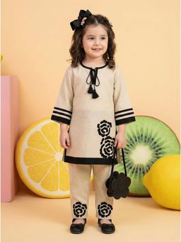 Autumnlane - Beige and Black Cotton Kids Kurta Pant Set