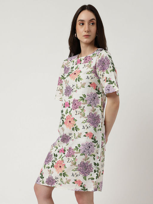 Buy Marks & Spencer White Linen Mix Printed Round Neck Dress Online