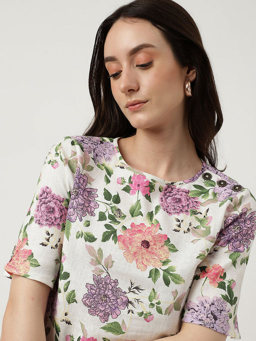 Buy Marks & Spencer White Linen Mix Printed Round Neck Dress Online