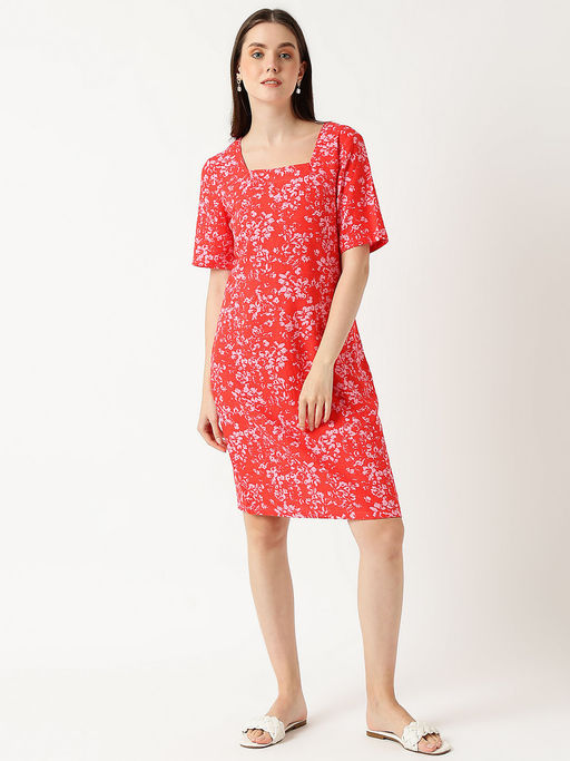 Buy Marks & Spencer Red Linen Mix Floral Square Neck Dress Online