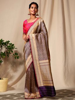 WeaverStory - Handloom Purple Kimkhab Banarasi Saree With Unstitched Blouse