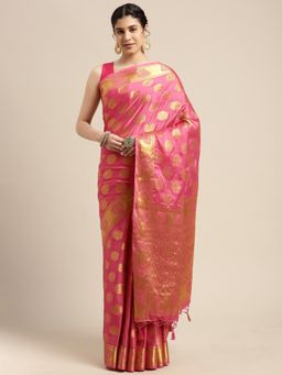 Mimosa - Women's Kanjivaram Crepe Pink Saree with Unstitched Blouse