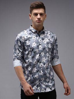 SHOWOFFFF - Men Grey Collar Neck Floral Comfort Fit Shirt