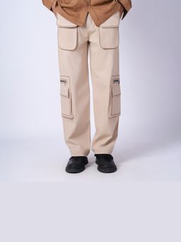 HOP HEAD - Men Beige Cotton Solid Straight Cargo Pant