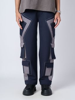 HOP HEAD - Men Blue Cotton Colorblock Straight Cargo Pant