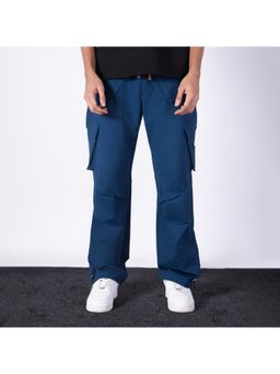 HOP HEAD - Men Blue Cotton Blend Solid Straight Cargo Pant