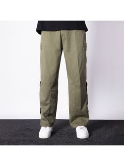 HOP HEAD - Unisex Green Pure Cotton Solid Straight Cargo Pant
