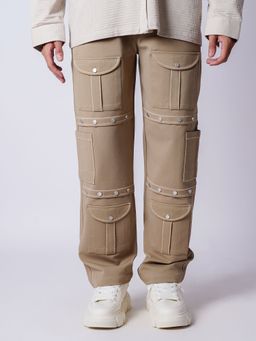 HOP HEAD - Men Khaki Cotton Solid Straight Cargo Pant