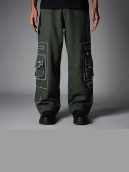 HOP HEAD - Men Olive Cotton Blend Textured Straight Cargo Pant