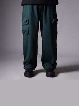 HOP HEAD - Men Green Cotton Solid Wide Cargo Pant