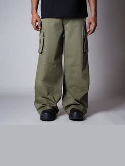 HOP HEAD - Men Olive Pure Cotton Solid Wide Cargo Pant