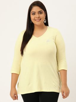 theRebelinme - Plus Size Women Pale Yellow Solid V-Neck T-Shirt