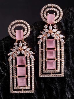 Karatcart - Pink Rose Gold Plated American Diamond Studded Drop Earrings for Women