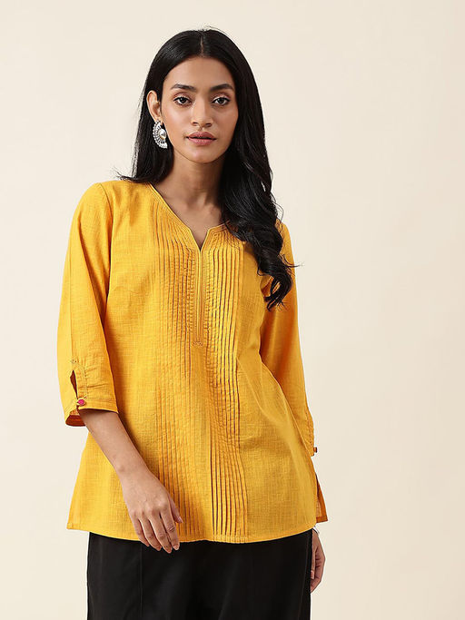 Buy Fabindia Nundinal Yellow Cotton Slim Fit Short Kurta Online