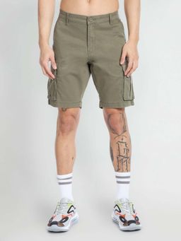 Flying Machine - Green Solid Twill Mid Rise Shorts