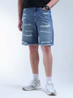 Flying Machine - Blue Distressed Relaxed Fit Denim Shorts