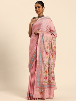 ArtEastri - Women Embroidered Pink Saree with Unstitched Blouse