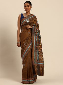 ArtEastri - Women Embroidered Brown Saree with Unstitched Blouse