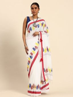 ArtEastri - Women Embroidered White Saree with Unstitched Blouse