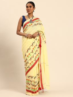 ArtEastri - Women Embroidered Yellow Saree with Unstitched Blouse