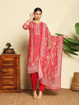 MEENA BAZAAR - Pink Floral Round Neck Kurta with Pant and Dupatta