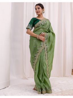 SGF11 - Women Embellished Green Saree with Unstitched Blouse