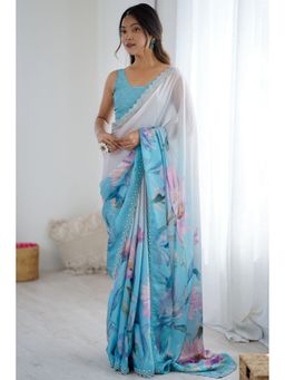 SGF11 - Women Floral Printed Blue Saree with Unstitched Blouse