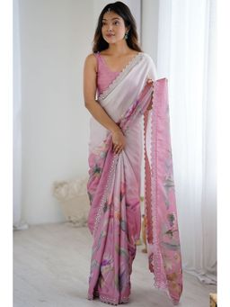 SGF11 - Women Floral Printed Pink Saree with Unstitched Blouse