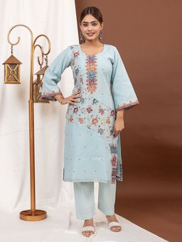 Kidar - Blue Floral Round Neck Kurta with Pant
