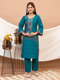 Kidar - Teal Floral Round Neck Kurta with Pant