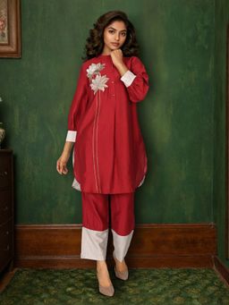 Dora Dori - Chanderi Colourblocked Maroon Co-Ord Set