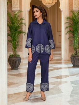 Dora Dori - Embroidered Chanderi Navy Blue Co-Ord Set