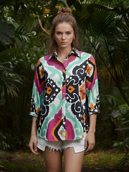 Dora Dori - Women's Multi-Color Collar Neck Ikat Printed Shirt