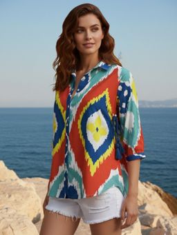 Dora Dori - Womens Multi-Color Collar Neck Ikat Printed Shirt