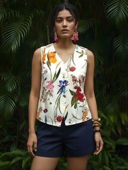 Dora Dori - White V-Neck Floral Printed Crop Top