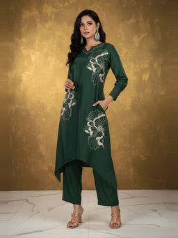 Dora Dori - Embroidered Asymmetrical Green Co-Ord Set