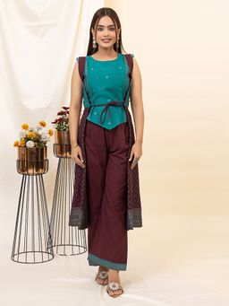 Kidar - Wine Paisley Round Neck Top and Jacket with Pant