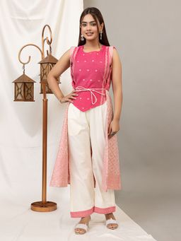 Kidar - Pink Paisley Round Neck Top and Jacket with Pant