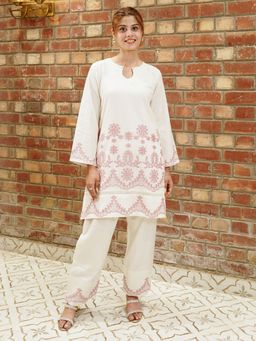 Kidar - Off White Embroidered Round Neck Co-Ord Set