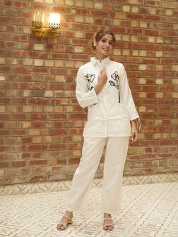 Kidar - Off White Embroidered Collar Neck Co-Ord Set