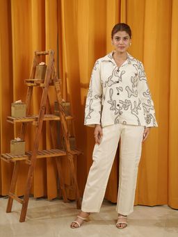 Kidar - Off White Embroidered Collar Neck Co-Ord Set