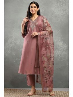 Rangriti - Women Straight Pink Kurta with Pant and Dupatta