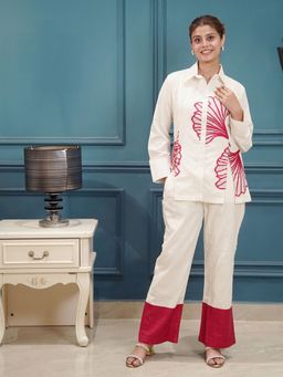 Kidar - Off White Floral Collar Neck Co-Ord Set