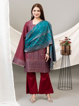 Kidar - Maroon Floral Square Neck Kurta with Pant and Dupatta