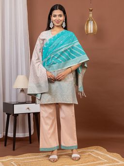 Kidar - Peach Floral Square Neck Kurta with Pant and Dupatta