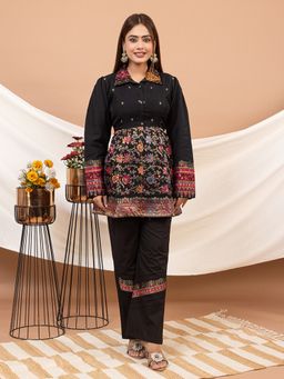 Kidar - Black Embroidered Collar Neck Kurti with Pant